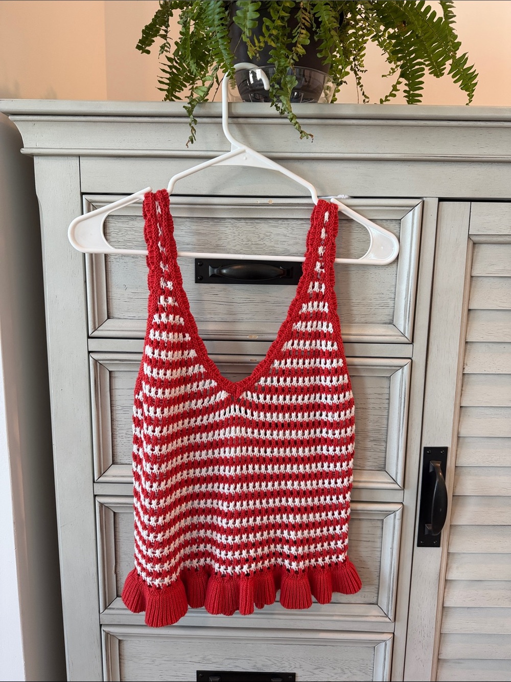 Full Tilt Red & White Striped Knit V-Neck Ruffle Tank Top